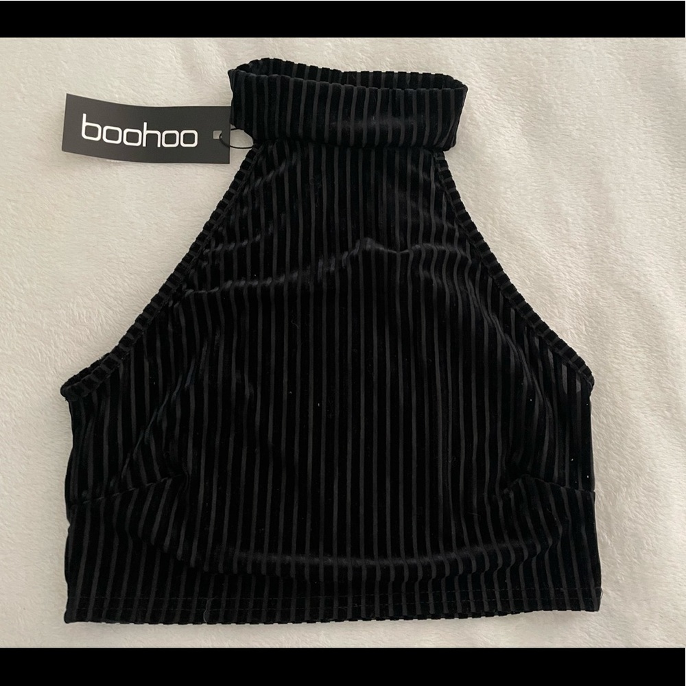 Boohoo Burnout Stripe Velvet High Neck Crop Top
